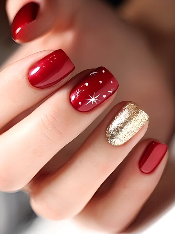 Glossy Red Golden Glitter  Press on Fake Nails // tns913