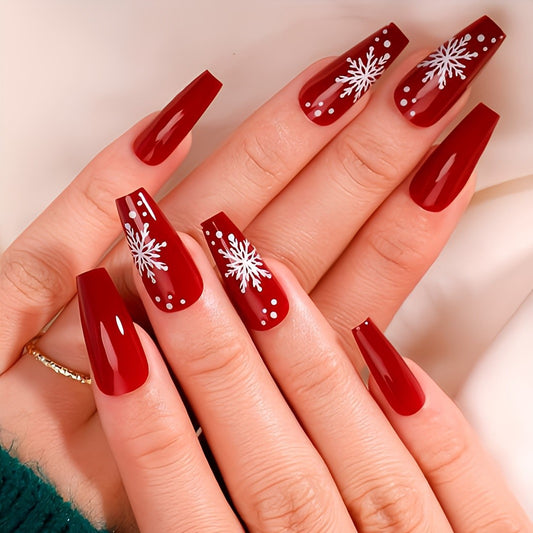 Glossy Maroon Snowflakes Press on Fake Nails // tns903
