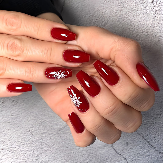 Glossy Maroon Snowflakes Press on Fake Nails // tns909