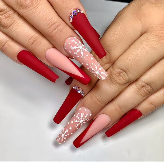 Matte Maroon Studded Snowflakes Press on Fake Nails // tns907