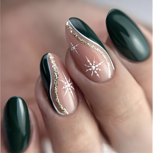 Glossy Dark Green Swirls Press on Fake Nails // tns906