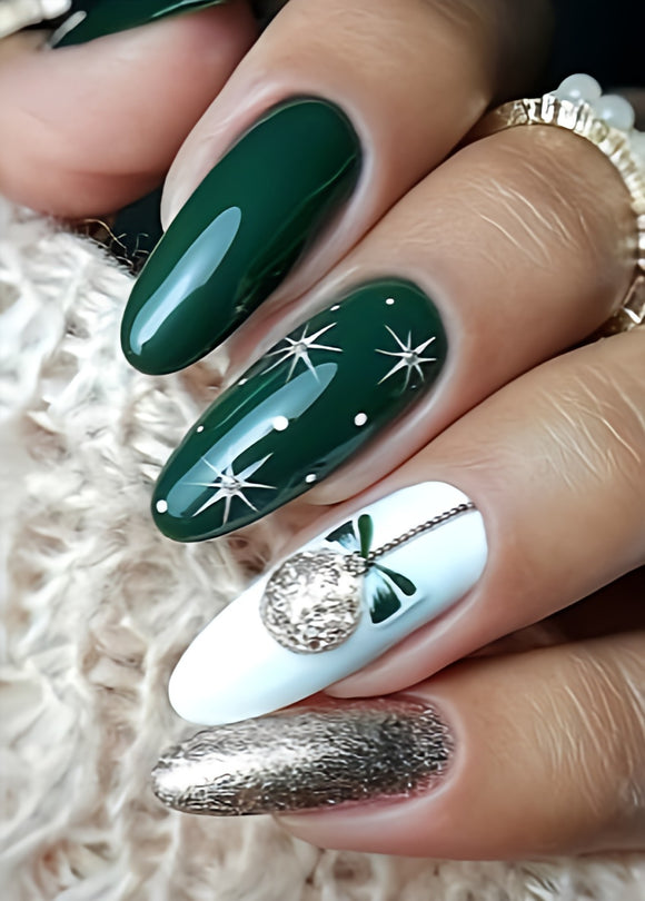 Glossy Dark Green Glitter Press on Fake Nails // tns905