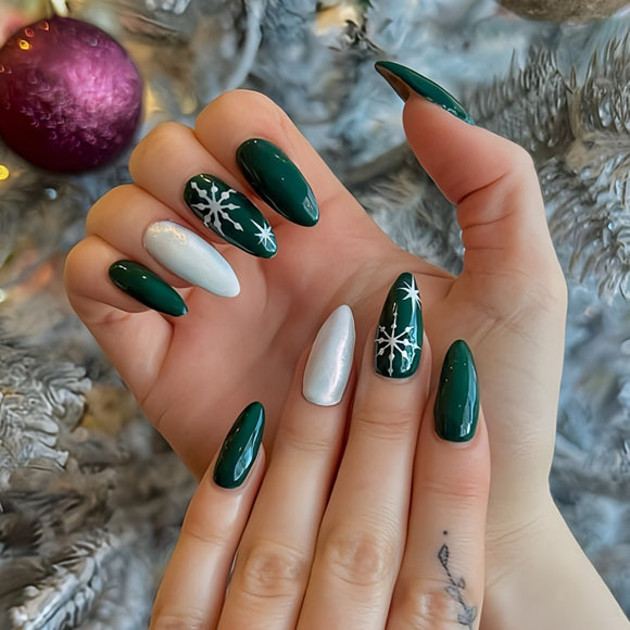 Glossy Dark Green Glitter Snowflakes Press on Fake Nails // tns901