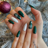 Glossy Dark Green Glitter Snowflakes Press on Fake Nails // tns901