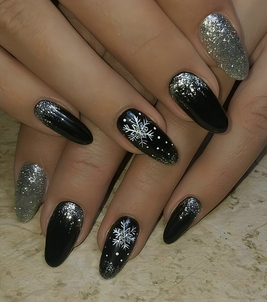 Glossy Dark Green Glitter Snowflakes Press on Fake Nails // tns911