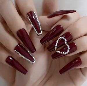 Valentine Collection : Glossy Maroon Studded Hearts Press on Fake Artificial Nails / tns1273