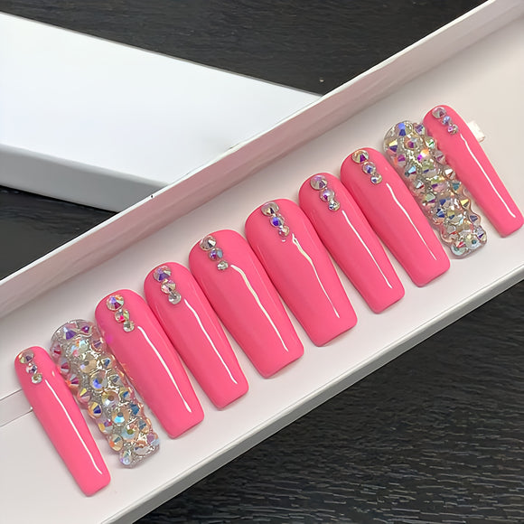 Valentine Collection : Glossy Pink Studded Press on Fake Artificial Nails / tns1271
