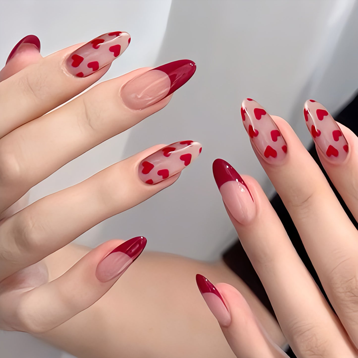Glossy Red French Hearts Artificial Press on Fake Nails Set in Almond- RTS (Pack of 24 nails)