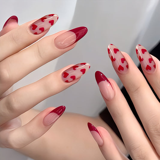 Glossy Red French Hearts Artificial Press on Fake Nails Set in Almond- RTS (Pack of 24 nails)