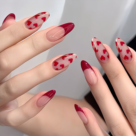 Glossy Red French Hearts Artificial Press on Fake Nails Set in Almond- RTS (Pack of 24 nails)