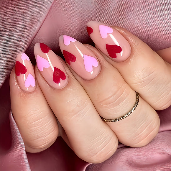 Valentine Collection : Glossy Red and Pink Hearts Press on Fake Artificial Nails / tns1272