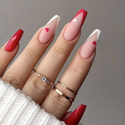 Matte Red and White French Hearts Press on Fake Artificial Nails / tns1278