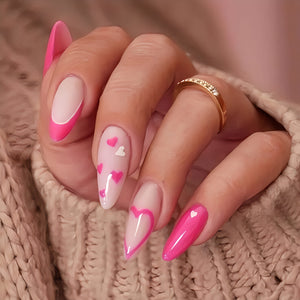 Glossy Pink French Hearts Press on Fake Artificial Nails / tns1280