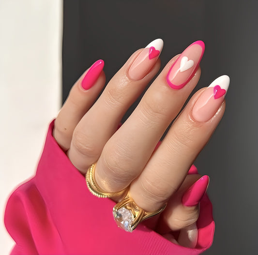 Glossy Pink French Hearts Press on Fake Artificial Nails / tns1281