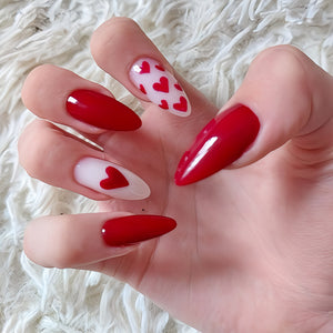 Glossy Red Hearts Press on Fake Artificial Nails / tns1282