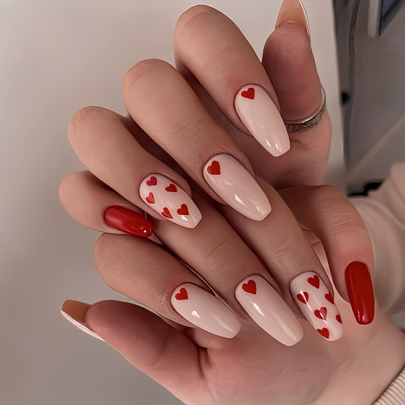 Glossy Nude and Red Hearts Press on Fake Artificial Nails / tns1283