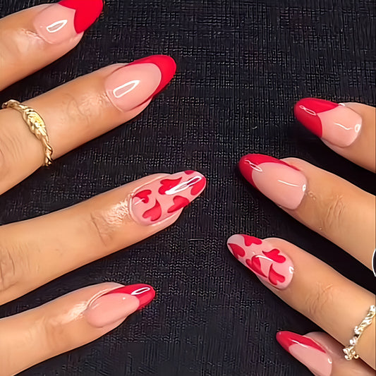 Glossy Red French Hearts Press on Fake Artificial Nails / tns1288