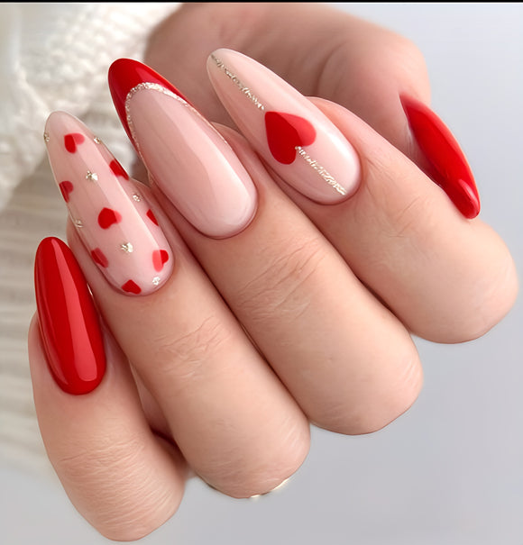 Glossy Red French Hearts Press on Fake Artificial Nails / tns1289