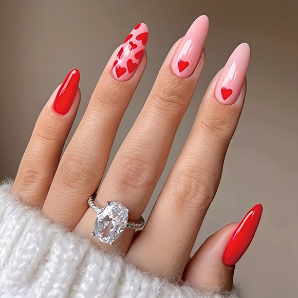 Glossy Red Hearts Press on Fake Artificial Nails / tns1290