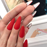Matte Red and Silver Press on Fake Artificial Nails / tns1291