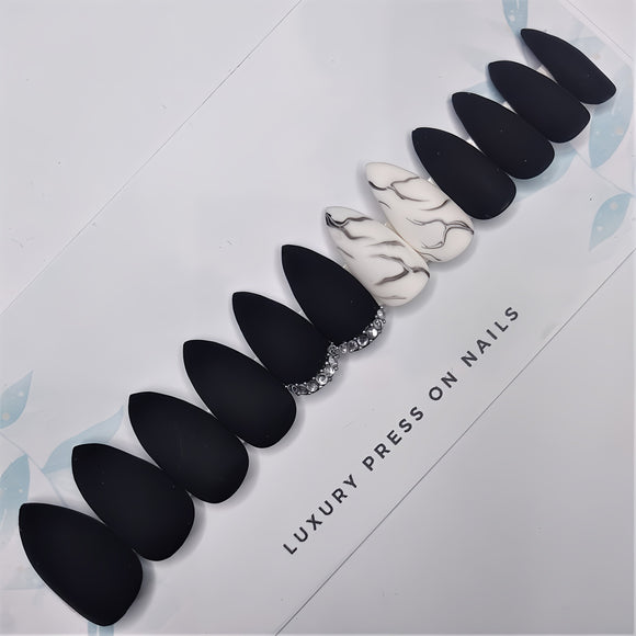 The NailzStation Matte Black Marble Press on Fake Artificial Nails Set with glue, filer, sticker application kit // 1078