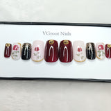 The NailzStation Glossy Maroon Floral Press on Fake Artificial Nails Set with glue, filer, sticker application kit // 1043