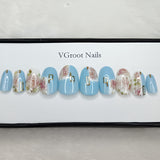 The NailzStation Glossy Light Blue Floral Press on Fake Artificial Nails Set with glue, filer, sticker application kit // 1038