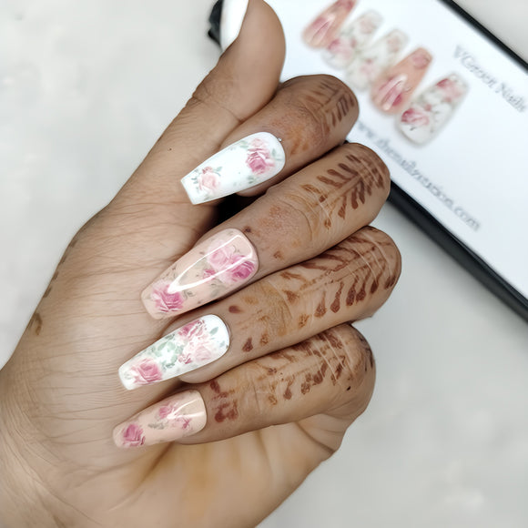 The NailzStation Glossy Nude and White Floral Press on Fake Artificial Nails Set with glue, filer, sticker application kit // 1034