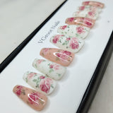 The NailzStation Glossy Nude and White Floral Press on Fake Artificial Nails Set with glue, filer, sticker application kit // 1034