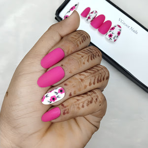 The NailzStation Matte Pink Floral Press on Fake Artificial Nails Set with glue, filer, sticker application kit // 1033