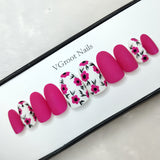 The NailzStation Matte Pink Floral Press on Fake Artificial Nails Set with glue, filer, sticker application kit // 1033