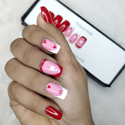 Glossy Red French Hearts Press on Fake Nails // 1029