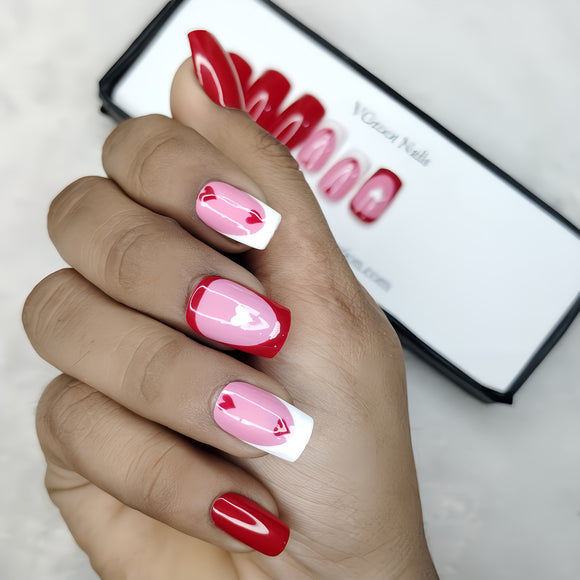 Glossy Red French Hearts Press on Fake Nails // 1029