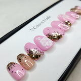 The NailzStation Glossy Light Pink Floral Press on Fake Artificial Nails Set with glue, filer, sticker application kit // 1084