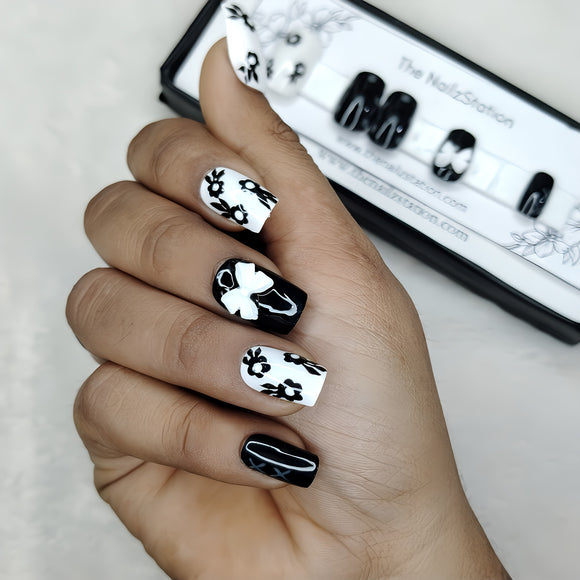 The NailzStation Glossy Black and White Floral 3D Bow Press on Fake Artificial Nails Set with glue, filer, sticker application kit // 1134