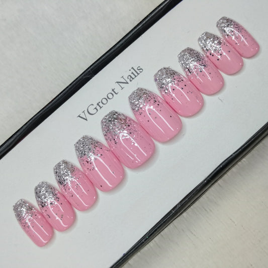 The NailzStation Glossy Light Pink Glitter Ombre Press on Fake Artificial Nails Set with glue, filer, sticker application kit // 1124