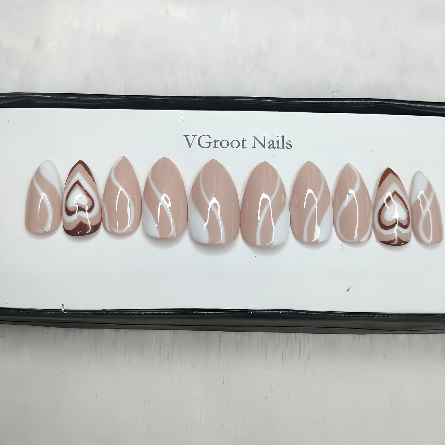 The NailzStation Glossy Brown Hearts Press on Fake Artificial Nails Set with glue, filer, sticker application kit // 1125