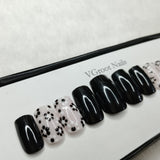 The NailzStation Glossy Black Floral Press on Fake Artificial Nails Set with glue, filer, sticker application kit // 1122