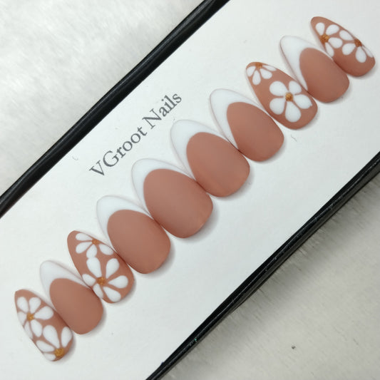 The NailzStation Matte Nude Floral French Press on Fake Artificial Nails Set with glue, filer, sticker application kit // 1121