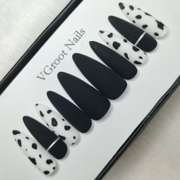 The NailzStation Matte Black Cow Print Press on Fake Artificial Nails Set with glue, filer, sticker application kit // 1108