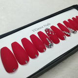 The NailzStation Matte Red Studded Press on Fake Artificial Nails Set with glue, filer, sticker application kit // 1093