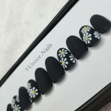 The NailzStation Matte Black Floral Press on Fake Artificial Nails Set with glue, filer, sticker application kit // 1088