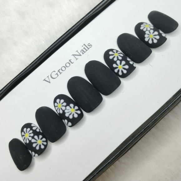 The NailzStation Matte Black Floral Press on Fake Artificial Nails Set with glue, filer, sticker application kit // 1088