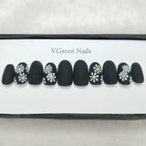 The NailzStation Matte Black Floral Press on Fake Artificial Nails Set with glue, filer, sticker application kit // 1088