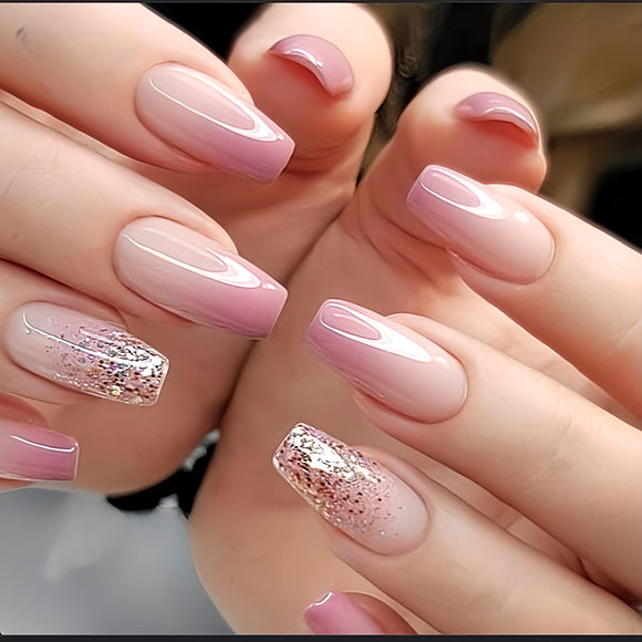 Glossy Pink Glitter Ombre Artificial Press on Fake Nails Set- RTS (Pack of 24 nails)