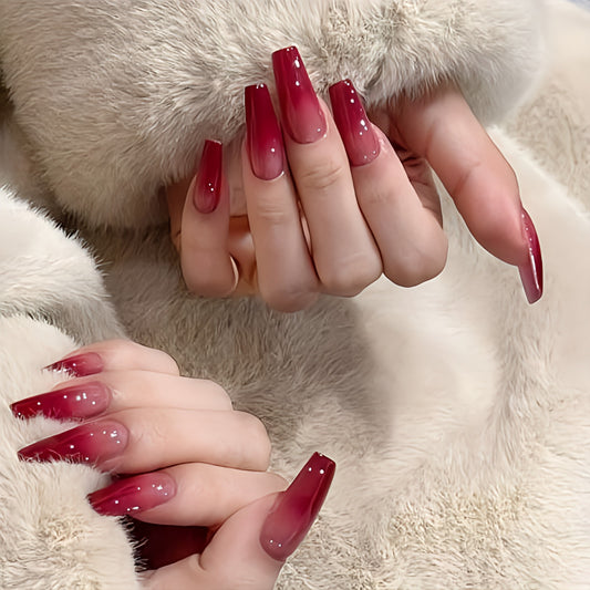 Glossy Red Ombre Artificial Press on Fake Nails Set- RTS (Pack of 24 nails)