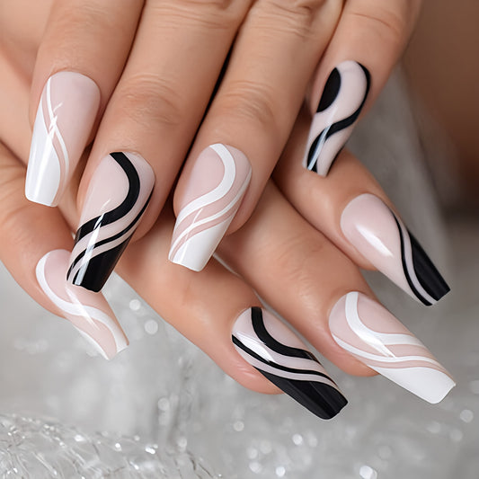 Glossy Black and white swirls Press on Fake Nails // tns258