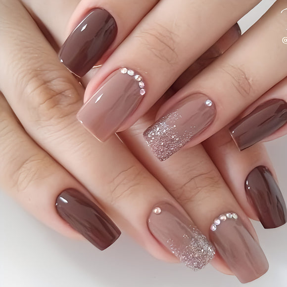 Glossy Brown Studded Press on Fake Nails // tns259