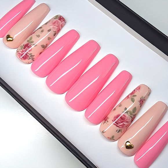 Glossy Light Pink Floral Press on Fake Nails // tns262