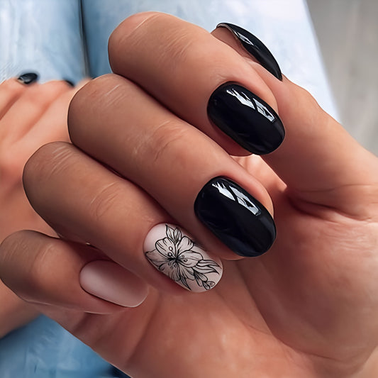 Glossy Black Floral Press on Fake Nails // tns264